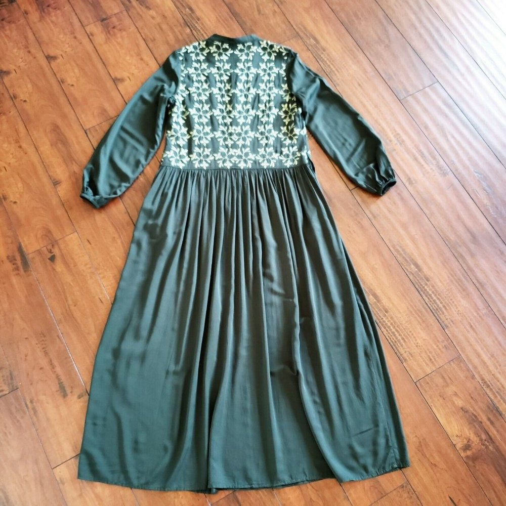 Embroidered Gown Deep Forest Maxi Dress 100% Rayon V Neck Button Front - Picture 3 of 10
